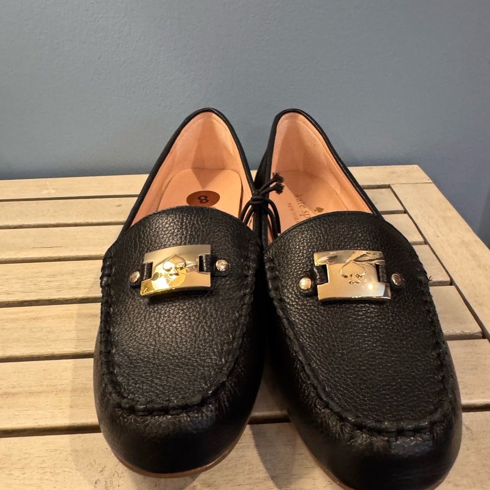 Kate Spade Carmen Black Loafers with Gold Buckle Sz 8